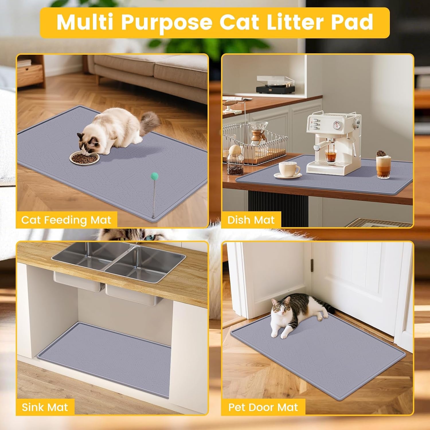 Silicone Cat Litter Mat with Toy, 38X25 Inch Large - Waterproof, Easy Clean Trapping Mat for Kitty Litter Box, Non-Slip Litter Box Mat for Hardwood Floors & Carpet Protection (Grey)