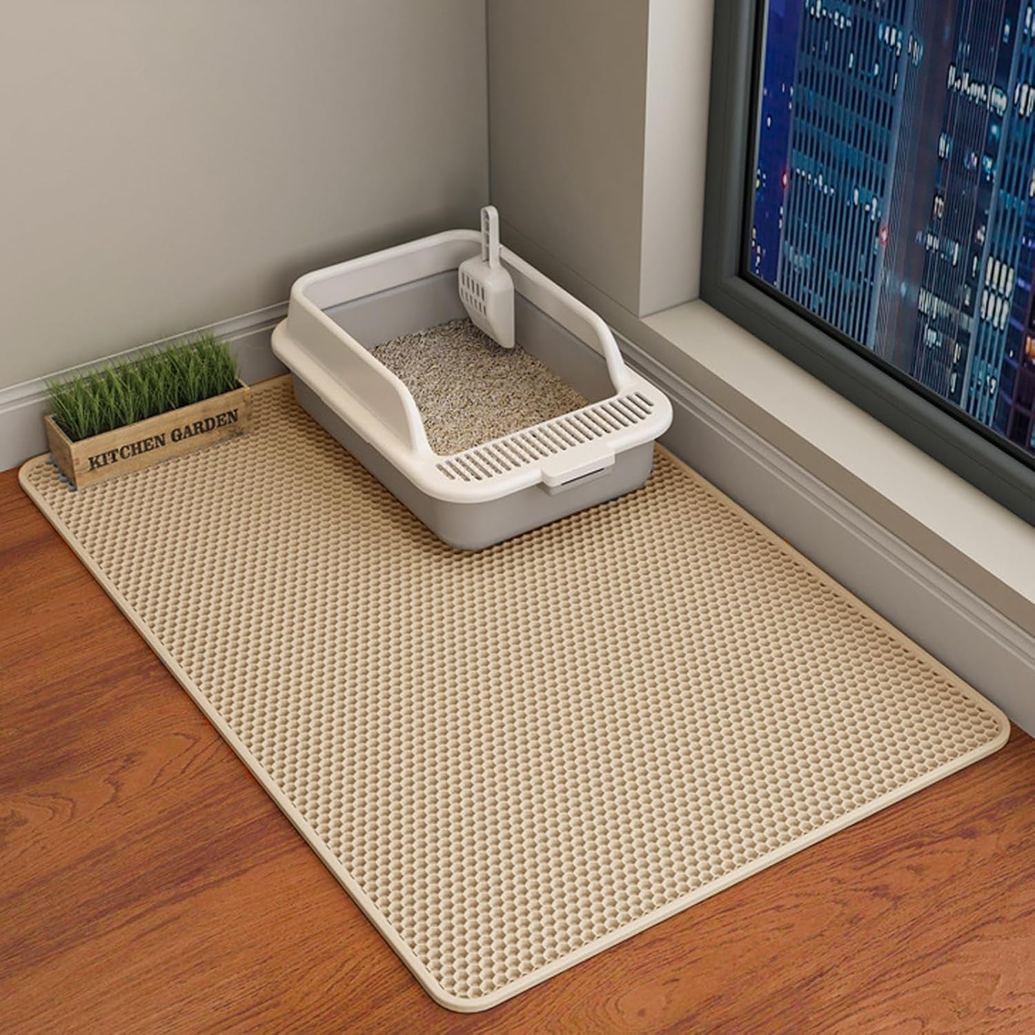 HCY&WLD Cat Litter Mat, 45X26/35X24/30X22/24X18 Inch Double Layer Cat Litter Box Mat, EVA Non-Slip, Waterproof Urine Proof Cat Litter Catcher Mat, Easy Clean Scatter Control (35X24 Inch, Khaki)