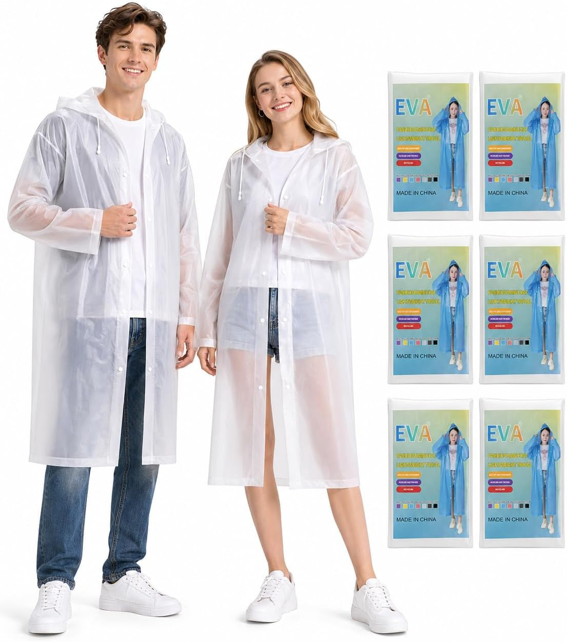 Family 6 Pack for Adults -Reusable EVA Rain Jackets,Emergency Raincoats
