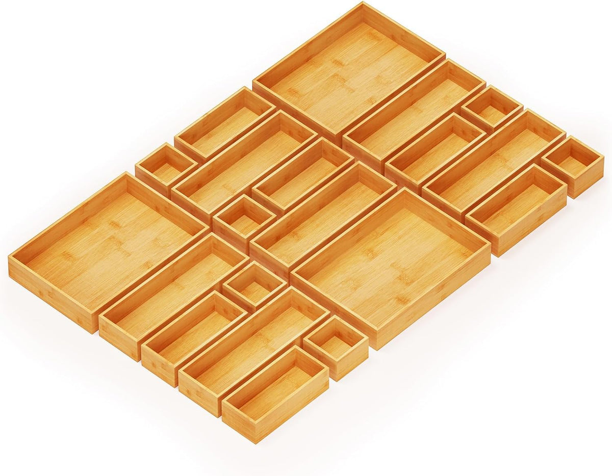 Spaceaid 21-Piece Bamboo Drawer Organizer Storage Boxes Set, Wood Tray Junk Drawer Organizers Multi-Use Divider Bins for Kitchen, Bathroom, Office Desk and Makeup Organization (21 Pack, Natural)