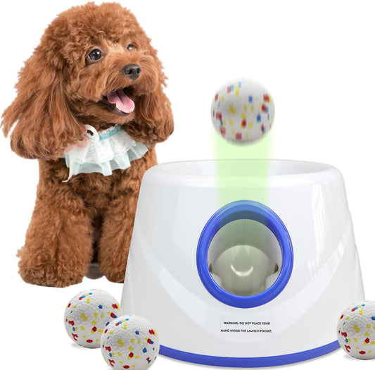 Dog Ball Launcher, Automatic Ball Launcher for Dogs, Adjustable 20‑45FT, Interactive Fetch Toy for Small & Medium Dogs, Indoor Outdoor with 3‑Pack 2.3‑Inch ETPU Balls