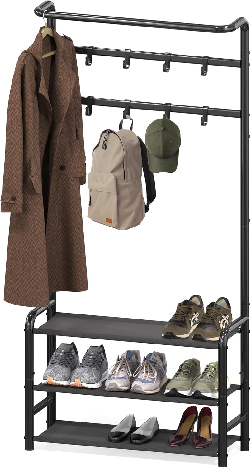 Simple Houseware Coat Rack with Shelf, Standing Hall Tree with Hooks, Black