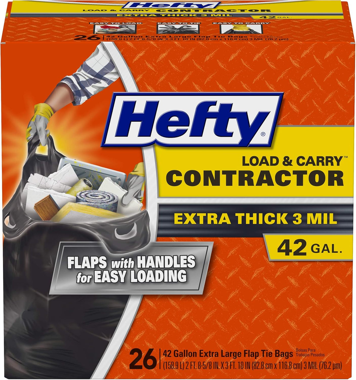 Hefty Load and Carry Contractor 42 Gallon Trash Bags, 3.0 Mil, 26Ct