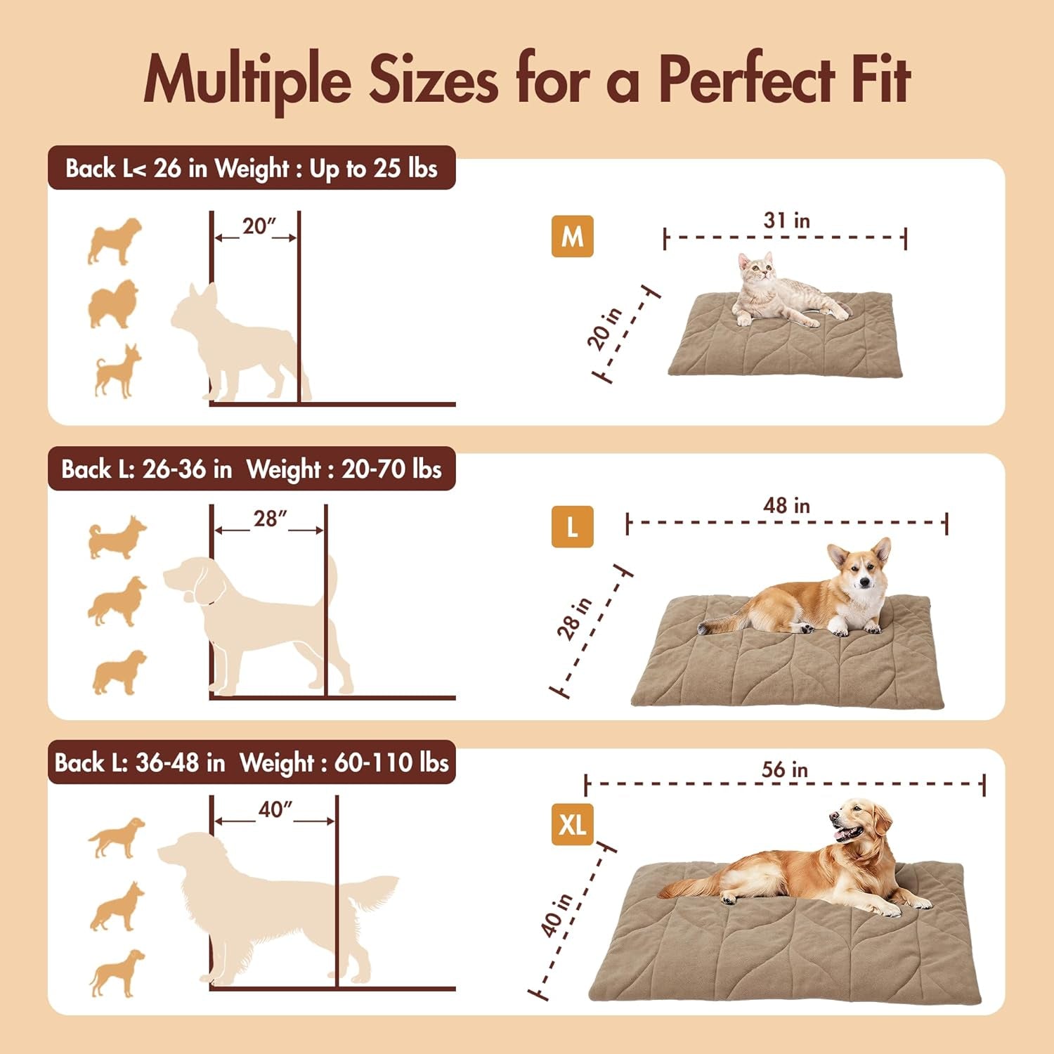 Vagascape Dog Bed, Waterproof Pet Bed with Removable Cover, Comfort Cat Dog Pad for All Seasons, Heating Khaki Rectangle Cat Mat with Nonskid Bottom(48"X28")