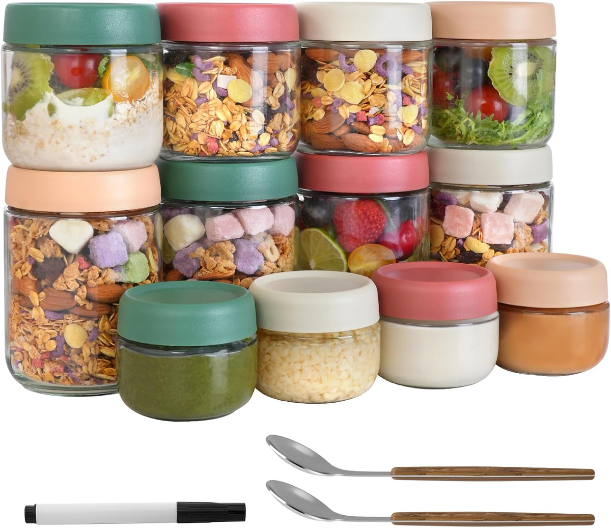 12Pack Overnight Oats Containers with Lids, 16Oz, 8Oz & 4Oz Glass Jars with Airtight Lids, Wide Mouth Mason Salad Jars, Glass Food Storage Containers for Yogurt Chia Pudding Snacks Cereal & Spices
