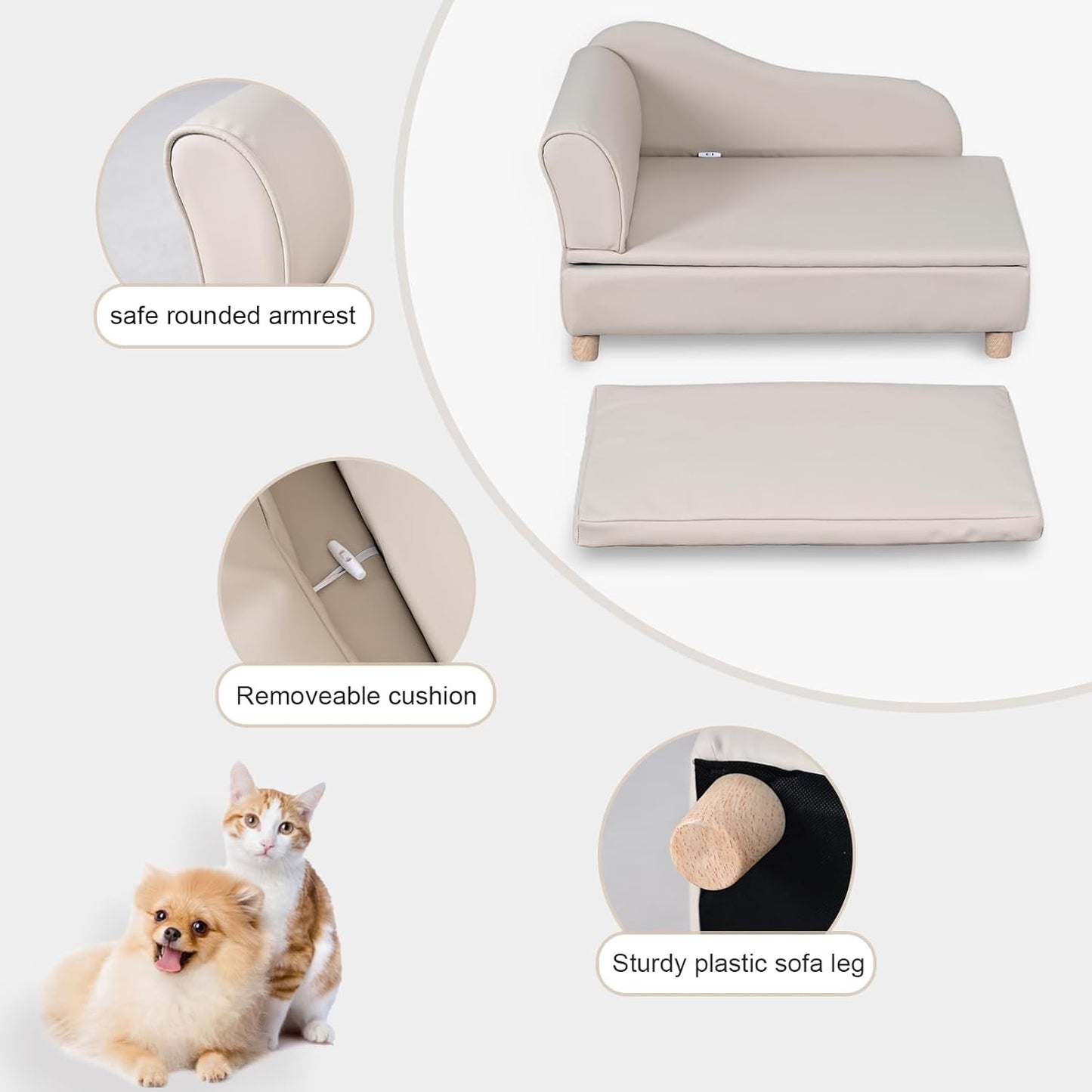 PU Leather Dog Sofa and Chair with Storage - Wooden Frame Cat Sofa Couch with Cushion,Small Pet Bed Sofa for Puppy and Cats (Pearl White)
