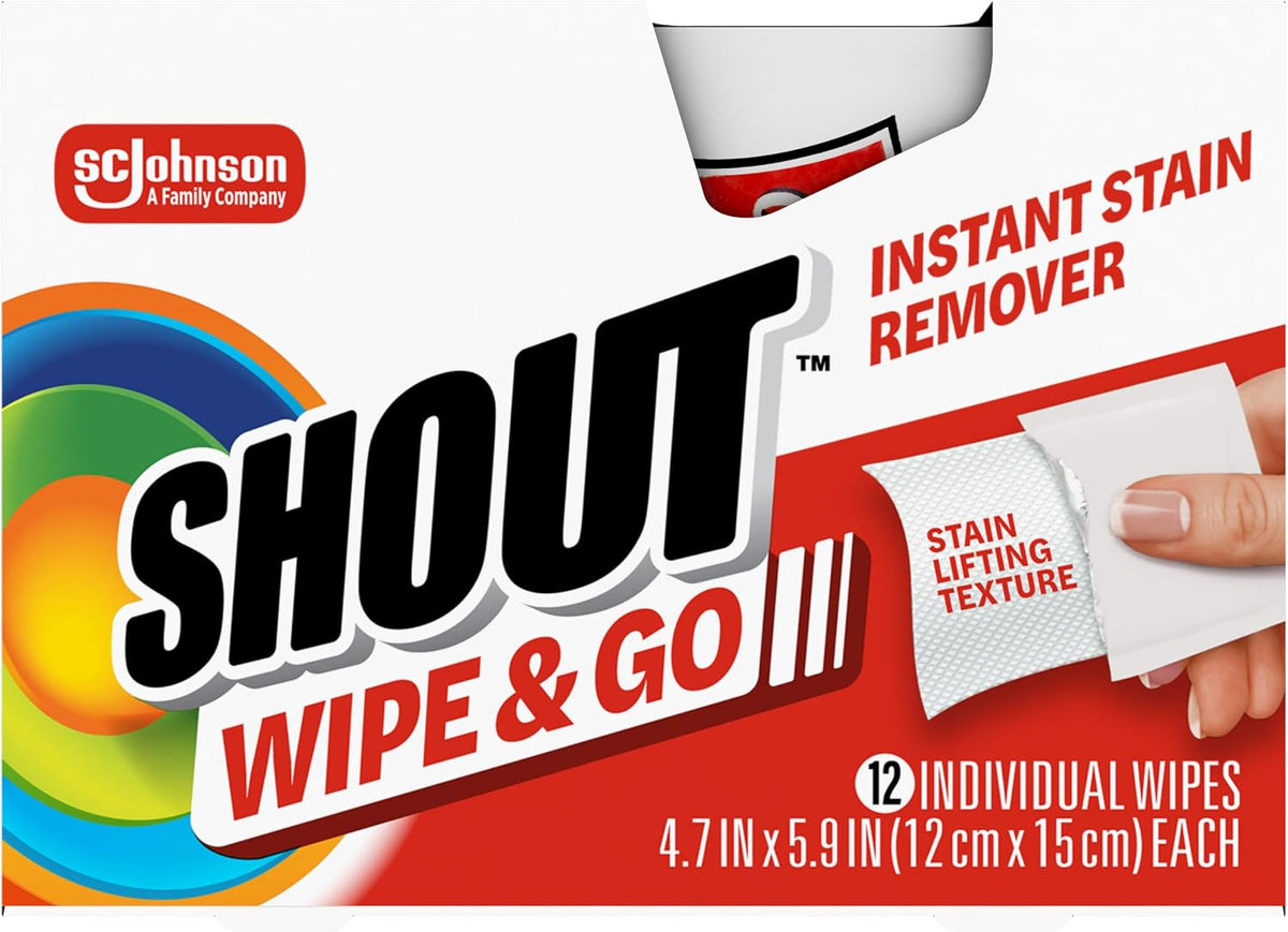 Shout Wipe & Go, Portable Instant Stain Remover Wipes, 12 Count, (1-Pack)