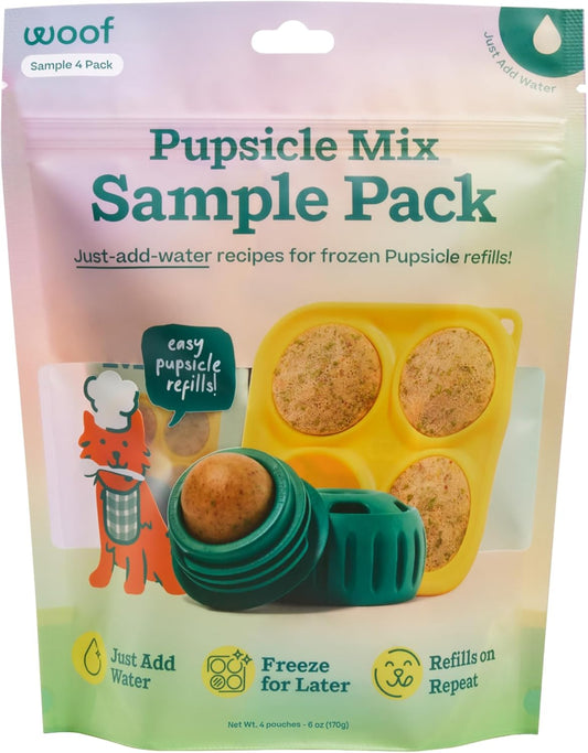WOOF Pupsicle Mix Sample Pack - Easy-To-Make DIY Pupsicle Refills - Delicious Mix for the Pupsicle Interactive Dog Toy - with Bacon & Cheese, Calming, Balanced Belly, and Dental Mix - 4 Pack Sampler
