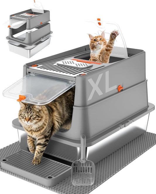 Stainless Steel Litter Box with Flip Lid, XL Extra Large Cat Litter Box with High Sided Top Entry Design, Anti-Leakage Enclosed Metal Litterbox for Big Cats, with Handle, Mat, Pedal & Scoop, Dark Grey