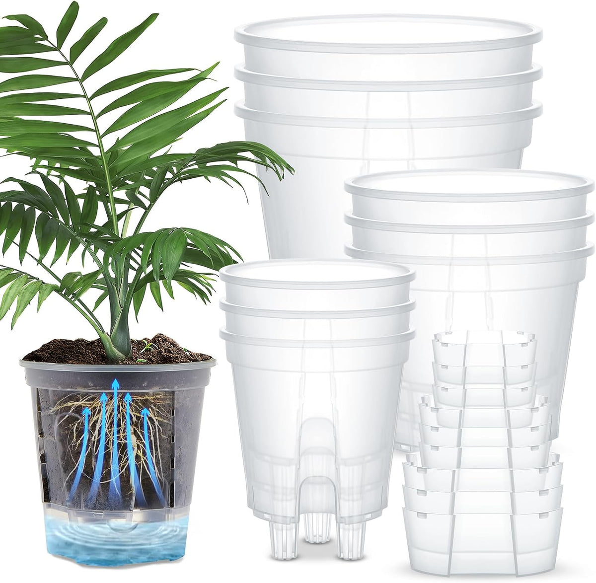 Wonderjune Self Watering Planter, 4.72'', 5.91'', 7.09'', Clear, 9 Pcs