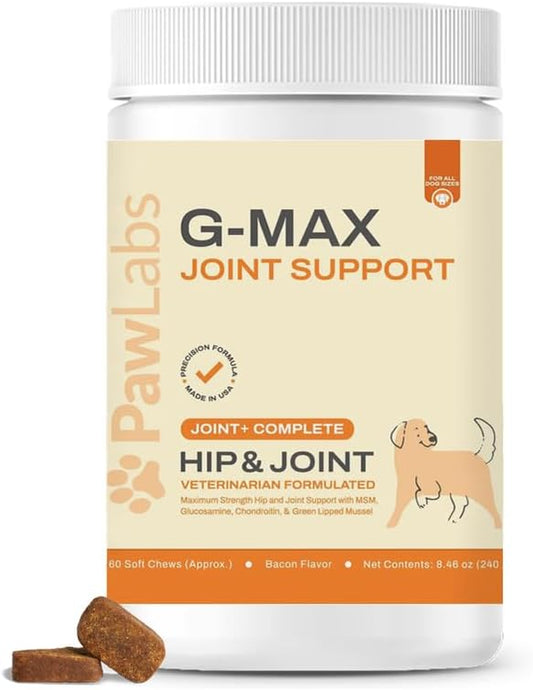 G-Max Joint Support for Dogs - Maximum Strength Hip & Joint Supplement with Glucosamine, Chondroitin, MSM Etc - Relieves Arthritis Pain & Hip Dysplasia - Bacon Flavor, 60 Chews