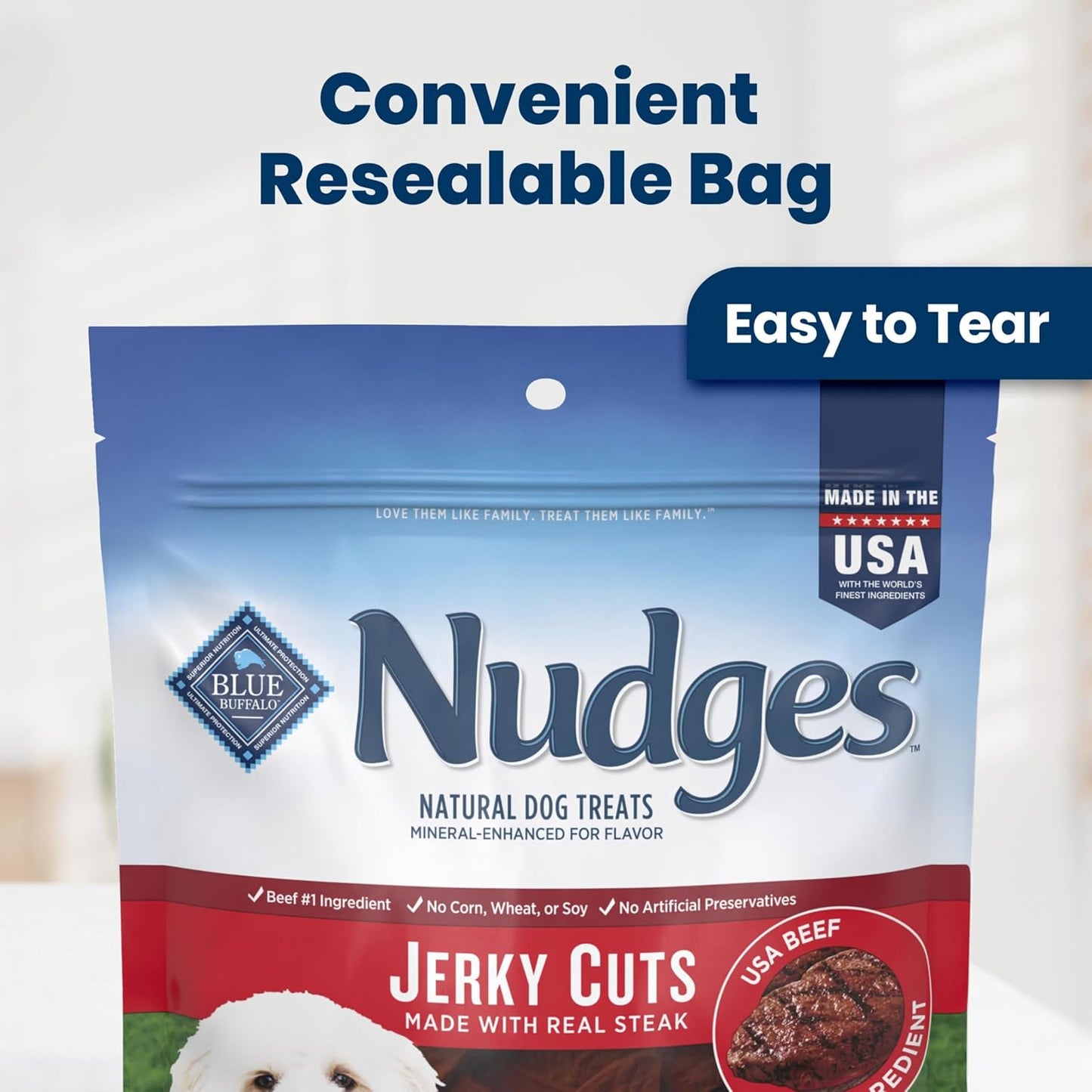 Blue Buffalo Nudges Steak Jerky Cuts Natural Dog Treats, Tender & Meaty Dog Snacks, Healthy Reward or Training Treat, Made in the USA with Beef, No Artificial Preservatives, 16 Oz.