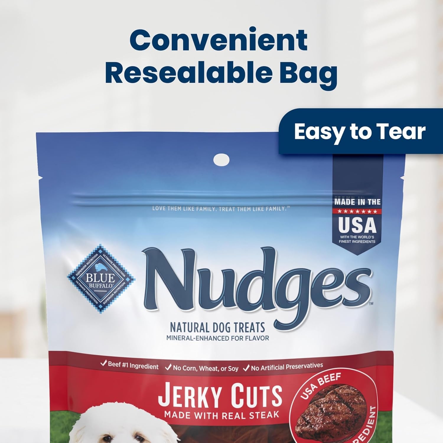 Blue Buffalo Nudges Steak Jerky Cuts Natural Dog Treats, Tender & Meaty Dog Snacks, Healthy Reward or Training Treat, Made in the USA with Beef, No Artificial Preservatives, 16 Oz.