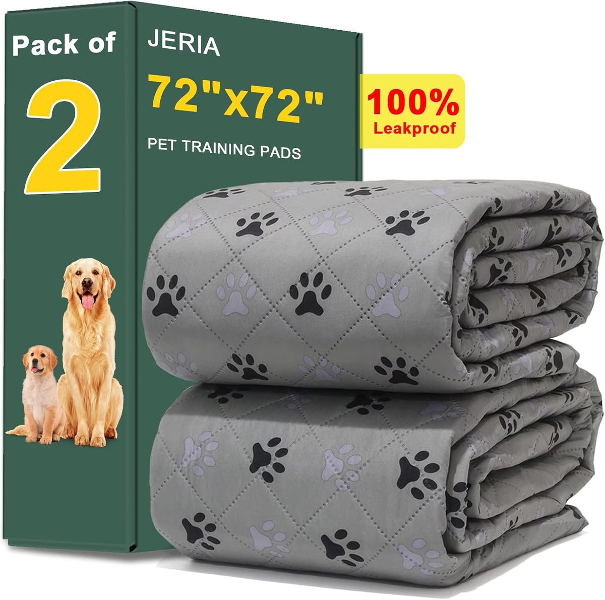 JERIA 2 Pack 72"X 72" Waterproof Non Slip Wee Pad，Reusable Washable Pee Pads for Dogs，Absorbent and Leakproof Training Mats for Potty, Bed, Sofa, Potty Training