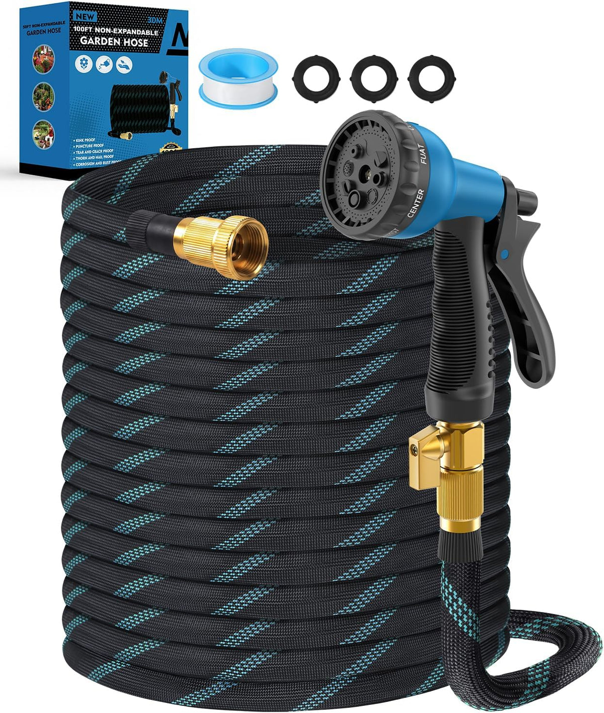 100Ft Garden Hose, Non-Expandable & Burst-Resistant Water Hose, Durable 3/4" Hose with 8-Mode Nozzle for House Cleaning, Car Wash, Lawn, Blue