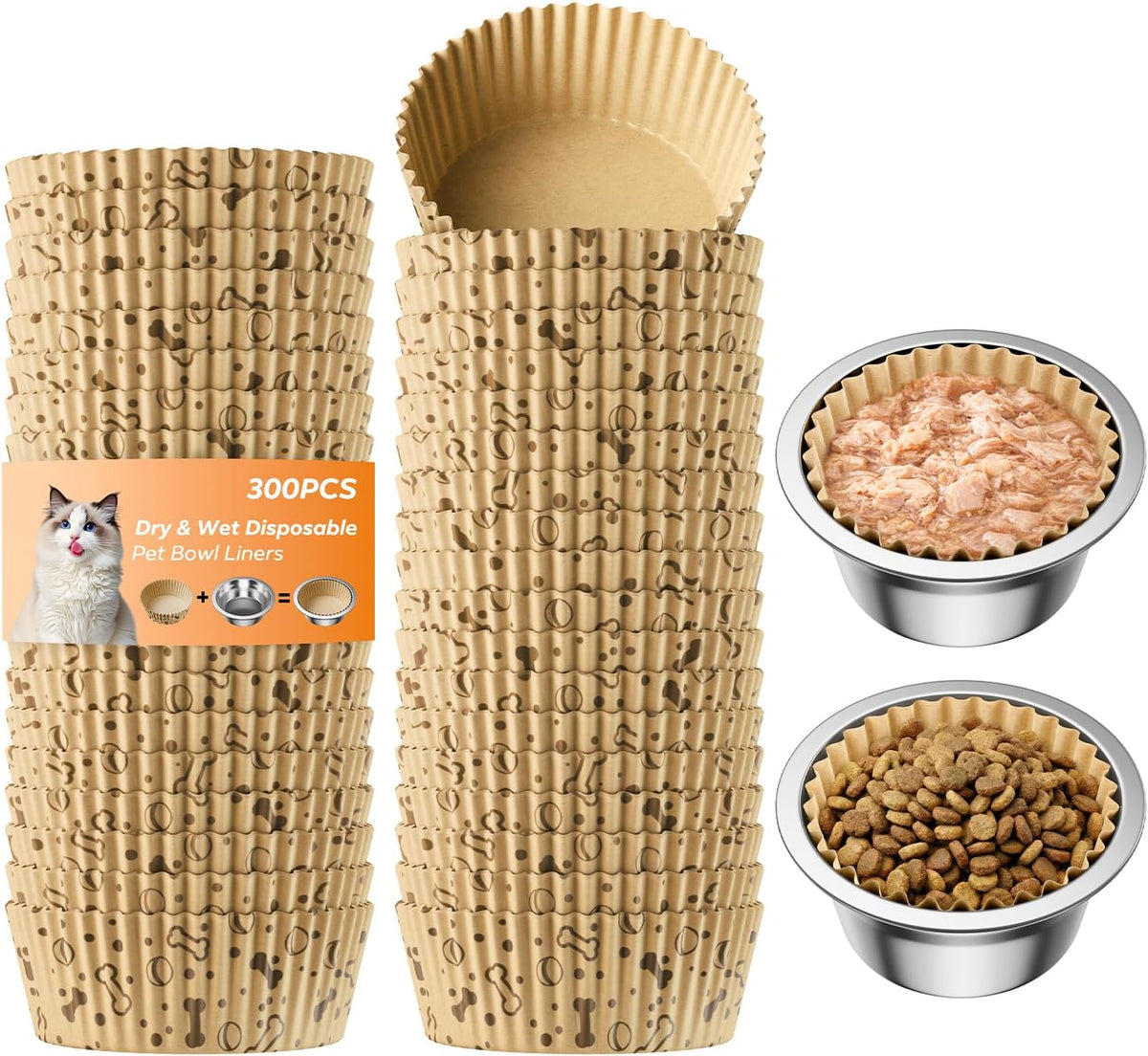 300 Pack Disposable Cat Bowl Liners with 2 Stainless Steel Bowls
