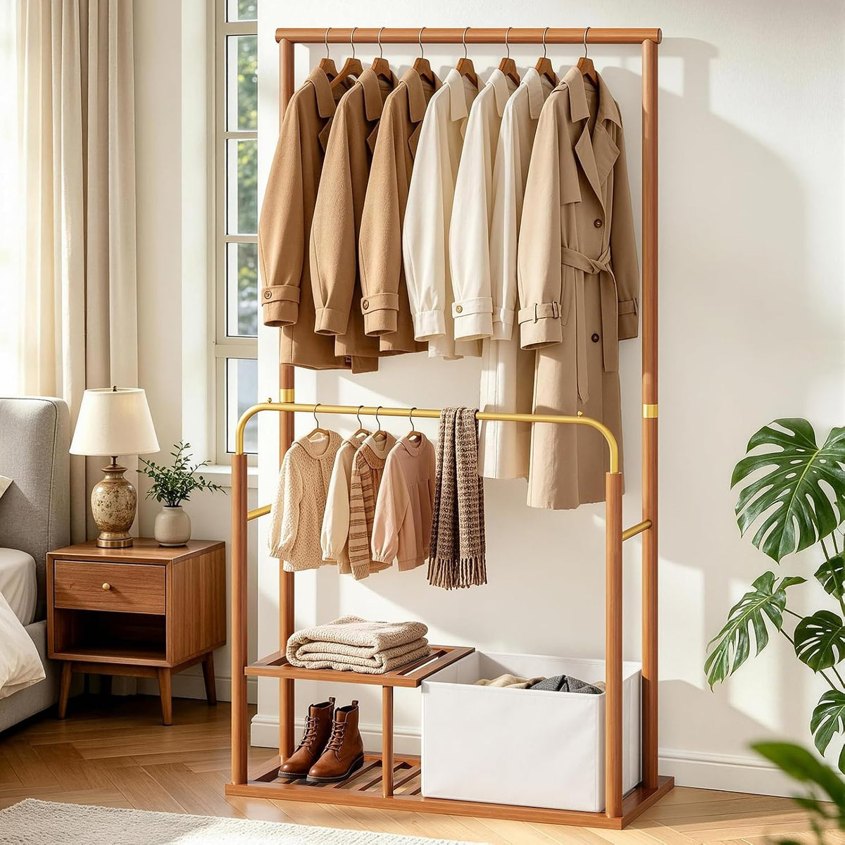 Amada Bamboo Coat Rack with Shelves and Fabric Bins, Brown