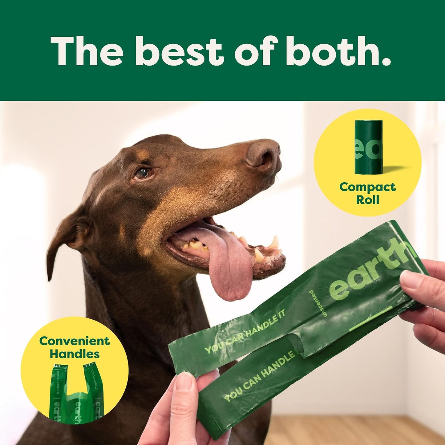 Earth Rated Dog Poop Bags with Handles on Refill Rolls, Easy-Tie on a Compact Roll, Extra Wide Opening, Guaranteed Leak-Proof, Unscented, 105 on Rolls