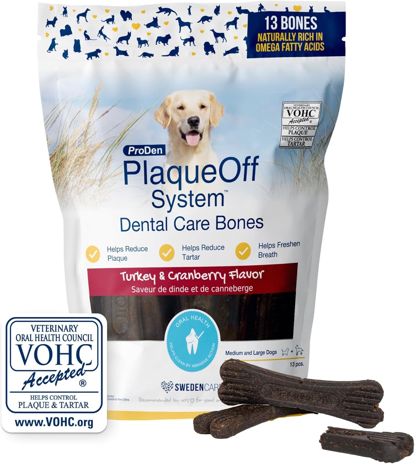 Proden Plaqueoff System Dental Care Bones for Dogs - Dog Breath Freshener & Plaque Remover - Dog Teeth Cleaning for a Healthy Mouth - Turkey Cranberry Flavor - 17 Oz