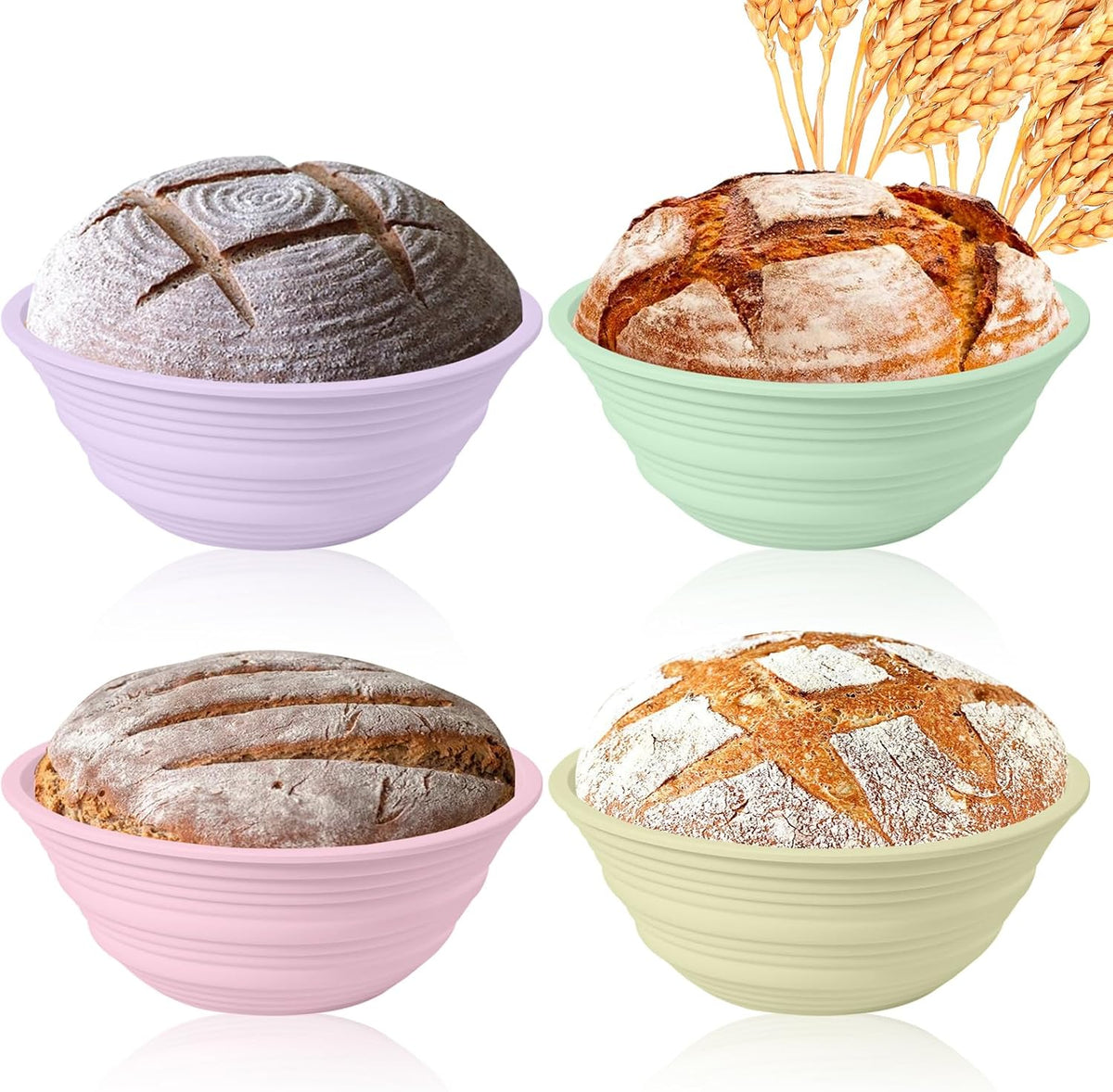 4Pcs Silicone Banneton Bread Proofing Baskets, 9" Collapsible Sourdough Bread Baking Supplies Non-Stick round Dough Proofing Bowl Containers Oven Safe for Various Tastes Bread Making-Bpa Free