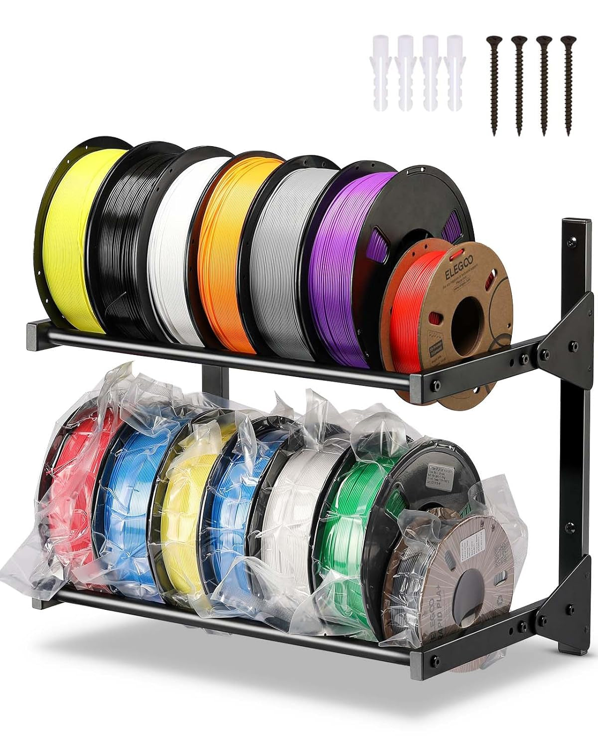 AHOWPD Wall Mount Filament Storage Rack- Wall Mount 3D Printer Filament Storage Rack 2 Tier Filament Spool Holders Racks, Heavy Duty Metal Shelf for PLA/ABS/TPU, Filaments Organzied (Black)