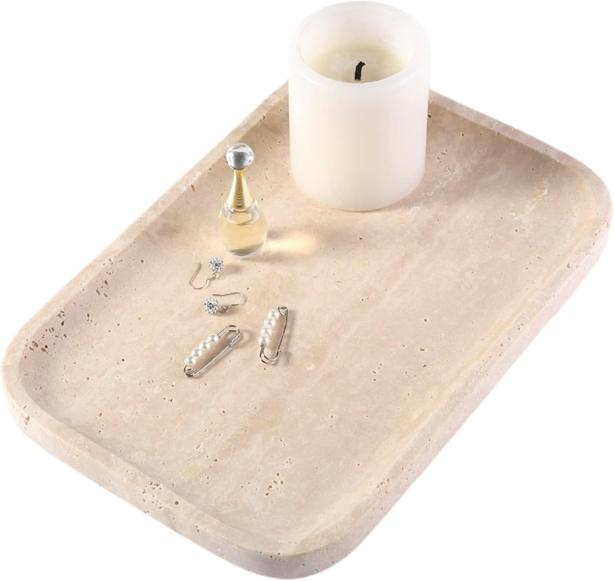 Marble Vanity Tray, 11.8" Travertine Bathroom Tray Countertop, Beige Stone Decorative Dresser Serving Trays, Kitchen Sink Storage, Jewelry & Perfume Holder(Travertino Romano)