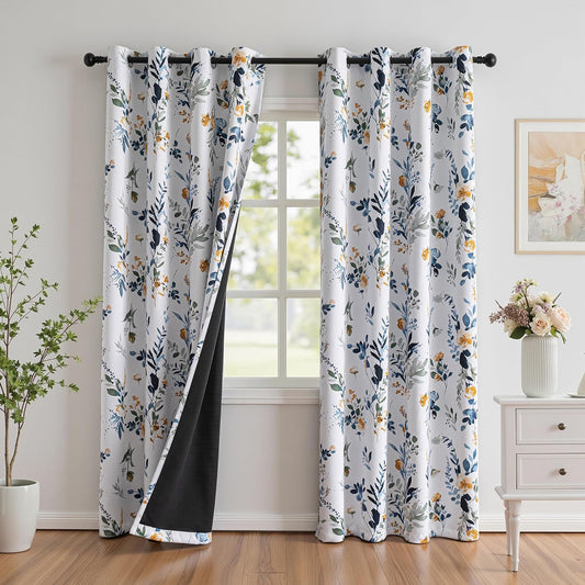 MYSKY HOME 95% Blackout Floral Curtains 84 Inch Long 2 Panels for Bedroom Living Room Flower Patterned Room Darkening Thermal Insulated Soundproof Grommet Window Treatments, 52" Wide, Yellow and Blue