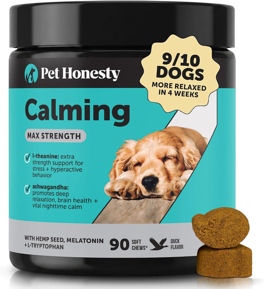 Natural Hemp Calming Chews for Dogs, Maximum Strength Stress Support for Anxiousness with Melatonin & Valerian Root, Non-Sedating Dog Relaxing Chews for Separation, Thunder & Vet Visits – Duck (90 Ct)
