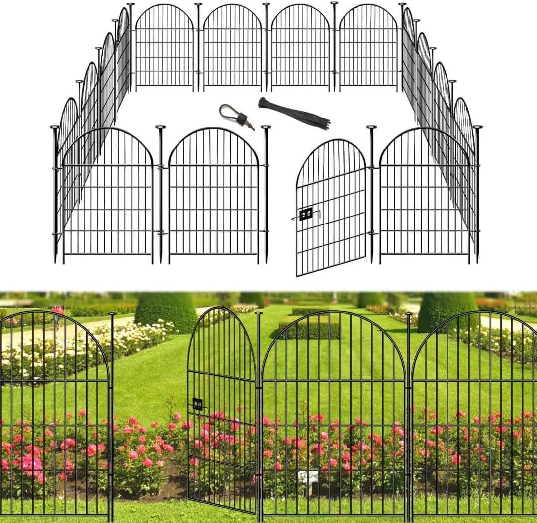 12 Panels Dog Fence Outdoor for Yard, 40In Tall Garden Fence | 26.2Ft Heavy Duty Rustproof Metal Animal Barrier with Gate, No Dig Garden Beds Border, Fencing for Dogs, Pet-Friendly, Black