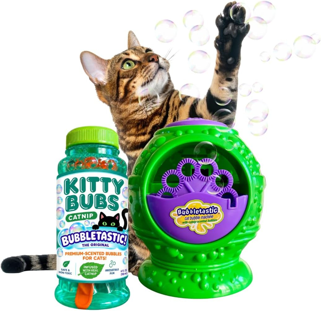 Bubbletastic Catnip Bubble Machine for Cats, Includes 8 Oz Catnip Scented Bubble Solution, Non-Toxic and Tear-Free