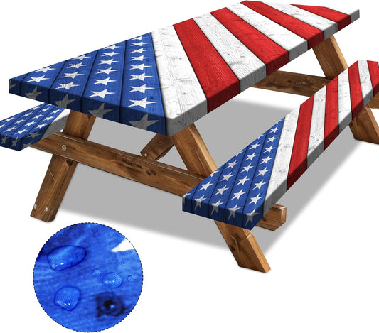 Picnic Table Cover with Bench Covers American Flag Camping Essentials Waterproof Tablecloth Wood Texture Outdoor Picnic Fitted Tablecloth with Elastic Rectangle 6 Ft Table Cover (3Pcs-72" X 30")