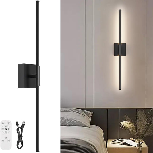 Battery Operated Wall Sconce, 3000K-6000K Dimmable Black Wall Lights with Remote Control, Timable LED Wireless Wall Sconces, 350° Ratate for Bathroom, Living Room, Hallway 29.1 Inch 1 Pack