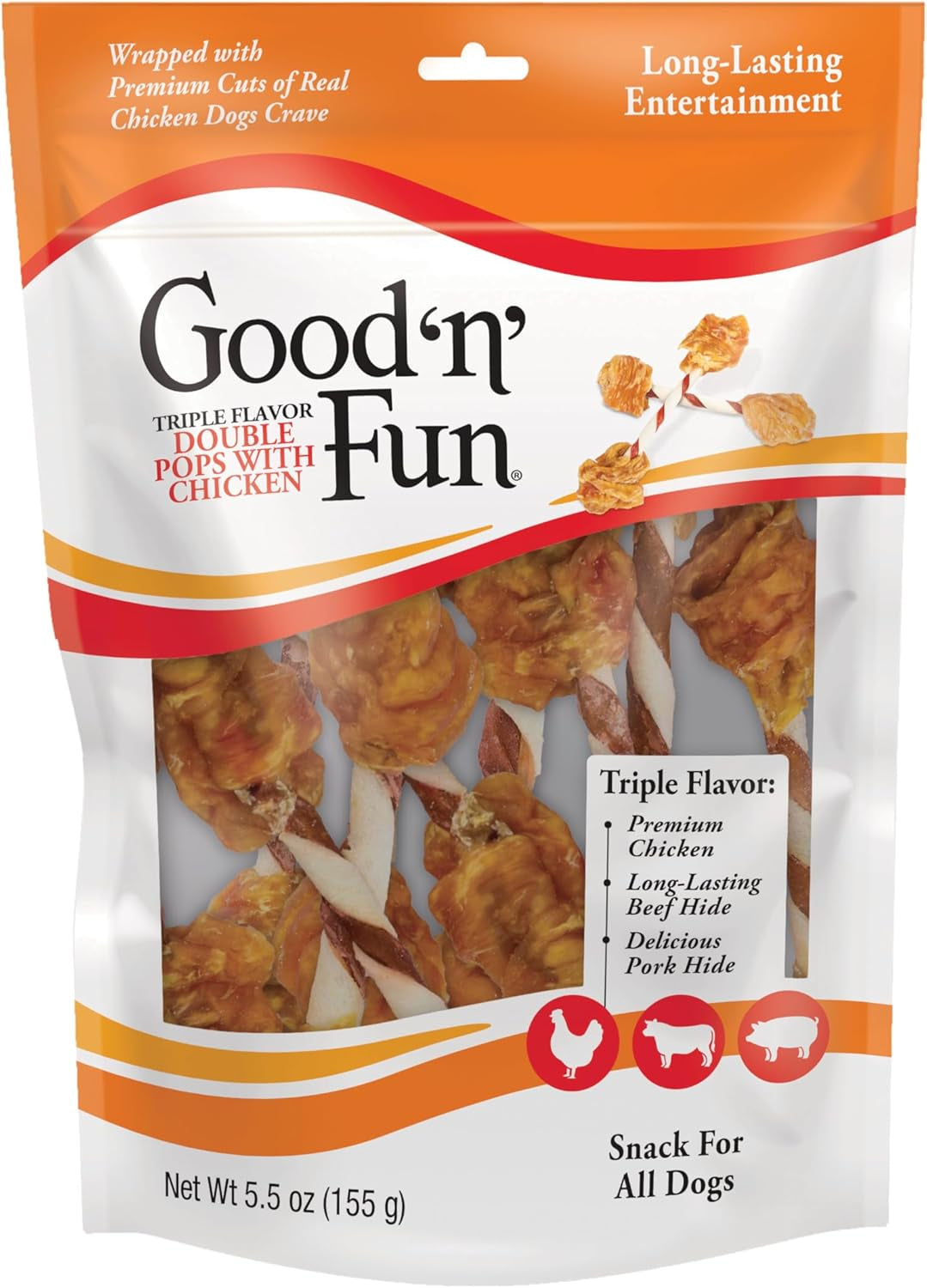 GOOD 'N' FUN Triple Flavor Double Pops Treats for Dogs, Long-Lasting Chews Made with Real Chicken, Beef Hide and Pork Hide, 5.5 Oz