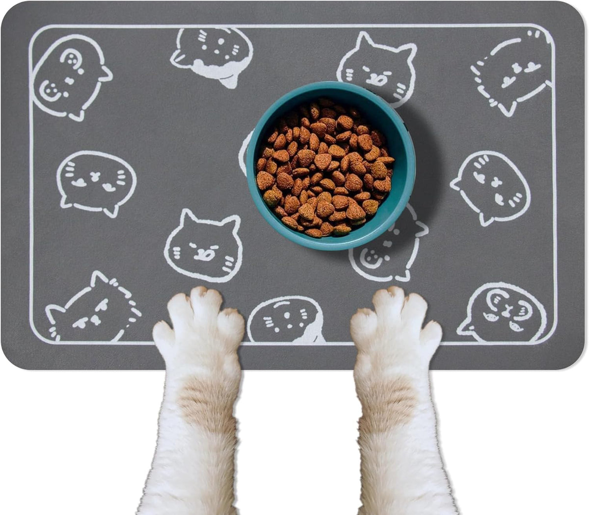 YCT Cat Food Mat for Pet Dog Feeting Mats, Cat Mat for Food and Water, Non-Slip Super Absorbent, with Multiple Cat Heads Logo，18.1 X 11.8 Inches, Dark Grey