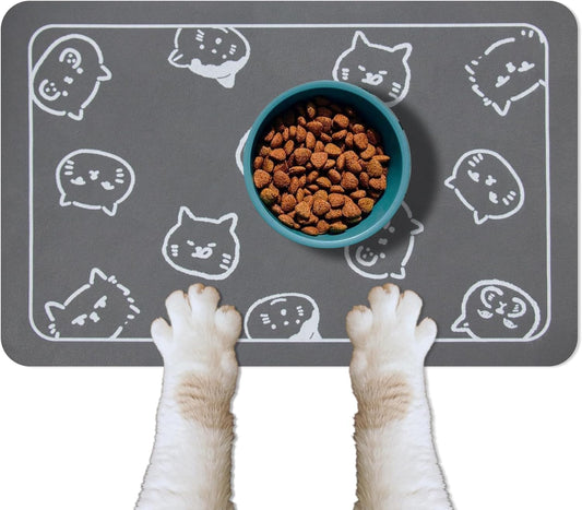YCT Cat Food Mat for Pet Dog Feeting Mats, Cat Mat for Food and Water, Non-Slip Super Absorbent, with Multiple Cat Heads Logo，18.1 X 11.8 Inches, Dark Grey