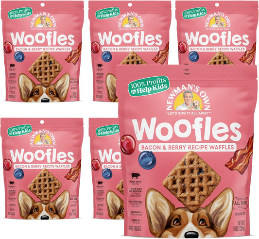 Newman'S Own Bacon & Berry Woofles Waffle Dog Treats, 10 Oz Bag (Pack of 6) — Soft & Chewy Waffles, No Artificial Flavors or Colors, Wholesome Training Rewards, Made in USA