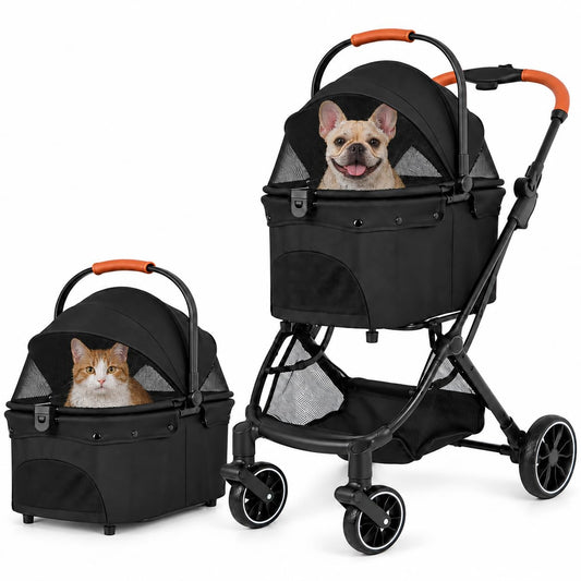 Pet Stroller with Detachable Carrier, Foldable Dog & Cat Stroller