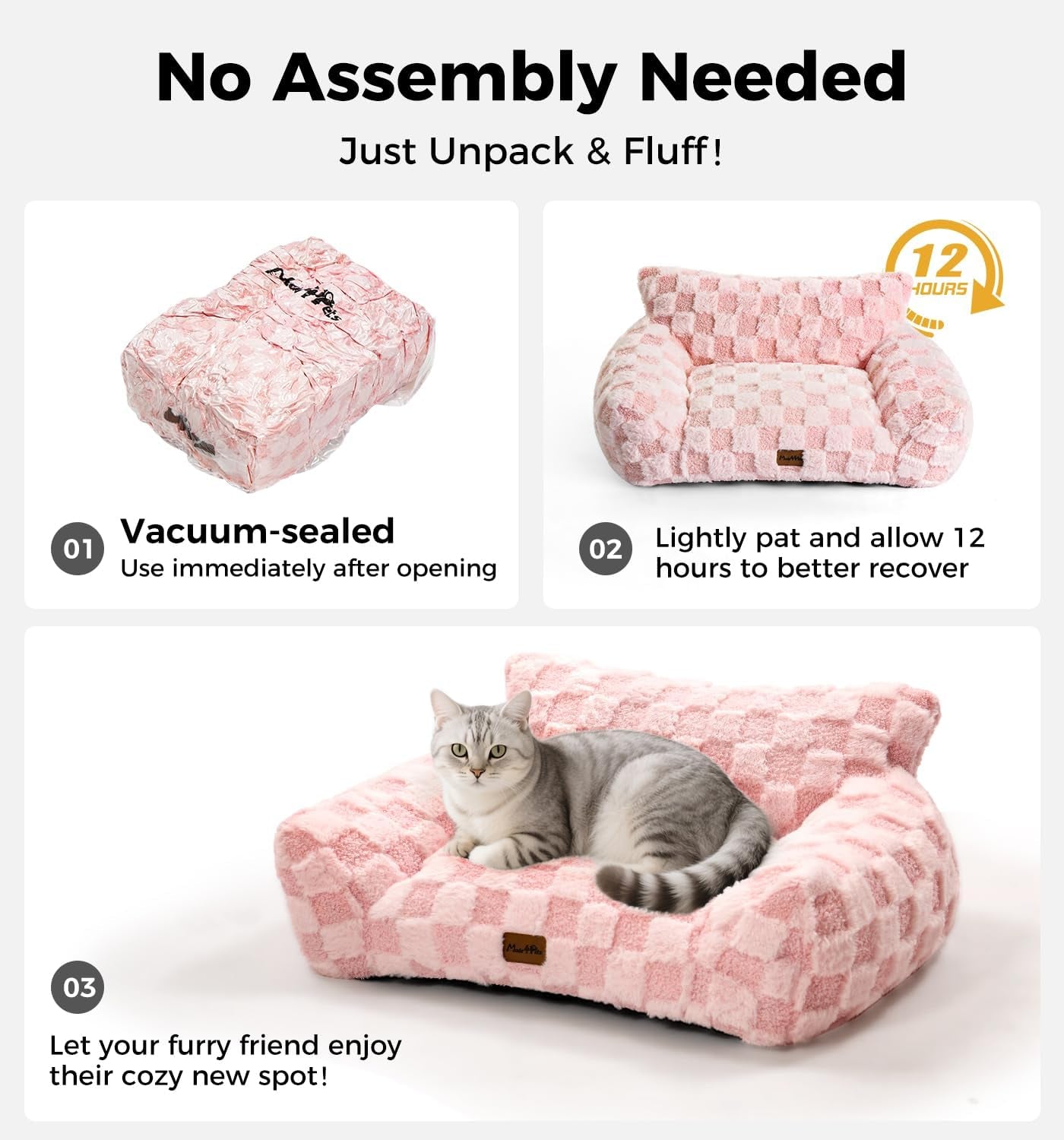 Made4Pets Dog Couch Bed, Soft Faux Fur Checkered Indoor Pet Sofa, Comfortable Fluffy Dog Sofa with Supportive Foam, Removable Washable Cover with Non-Slip Base, Pink, Large