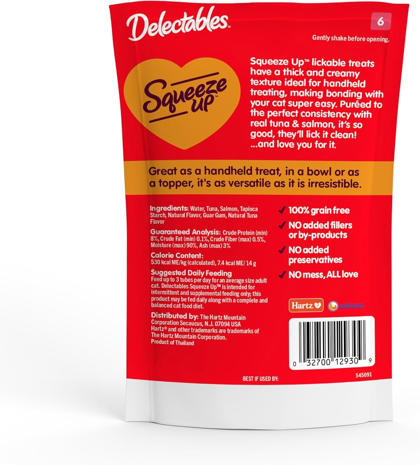 Delectables Squeeze up Creamy Squeezable Puree, Lickable Wet Cat Treats, Grain Free, No Added Fillers, No By-Products, No Added Preservatives, 0.5 Ounces Tuna & Salmon, 32 Tubes Total