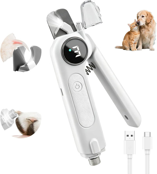 2-In-1 Dog Nail Clippers & Grinder with LED Light, Quiet Electric Pet Nail Trimmer for Small Medium Large Dogs & Cats, 3 Speeds, USB Rechargeable, Quick Sensor, Safety Lock & Splash Guard (White)