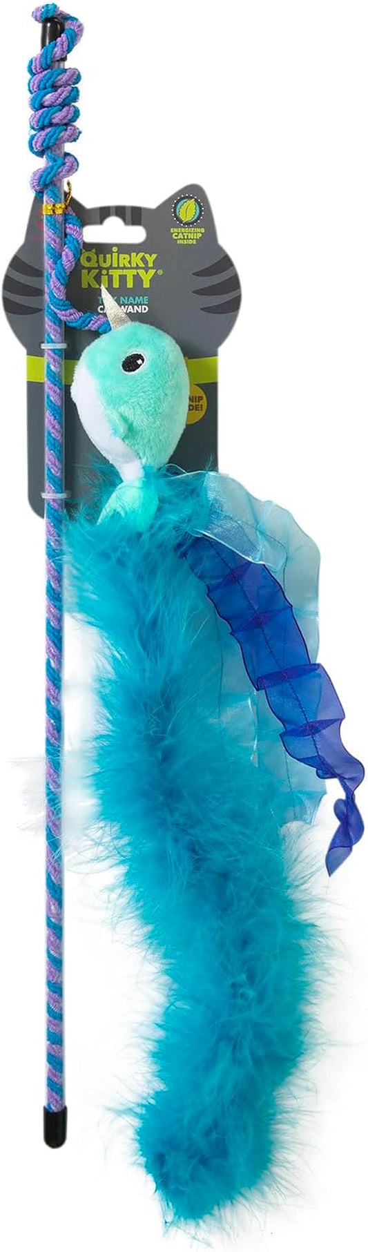 Quirky Kitty Nifty Narwhal Feather Wand and String Teaser Cat Toy, Catnip