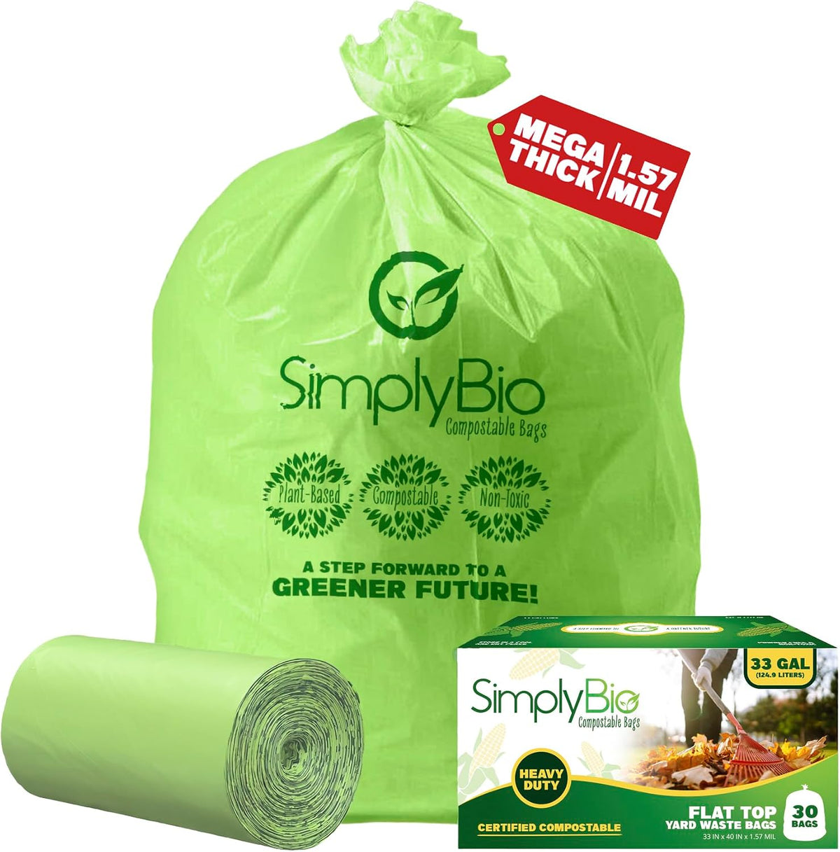 Simply Bio 30-33 Gallon Compostable Trash Bags Liners Flat-Top, Heavy Duty Extra Thick 1.57 Mil, 124.92 Liter, 30 Bags, Lawn, Yard, and Restaurant Use, ASTM D6400, US BPI, OK Compost Home Certified