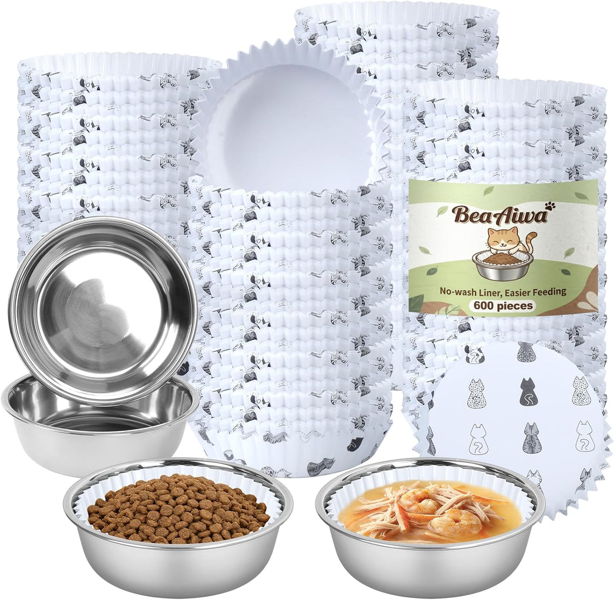 Cat Bowl Set (600 Disposable Pet Bowl Liners with 4 Stainless Steel Bowls)