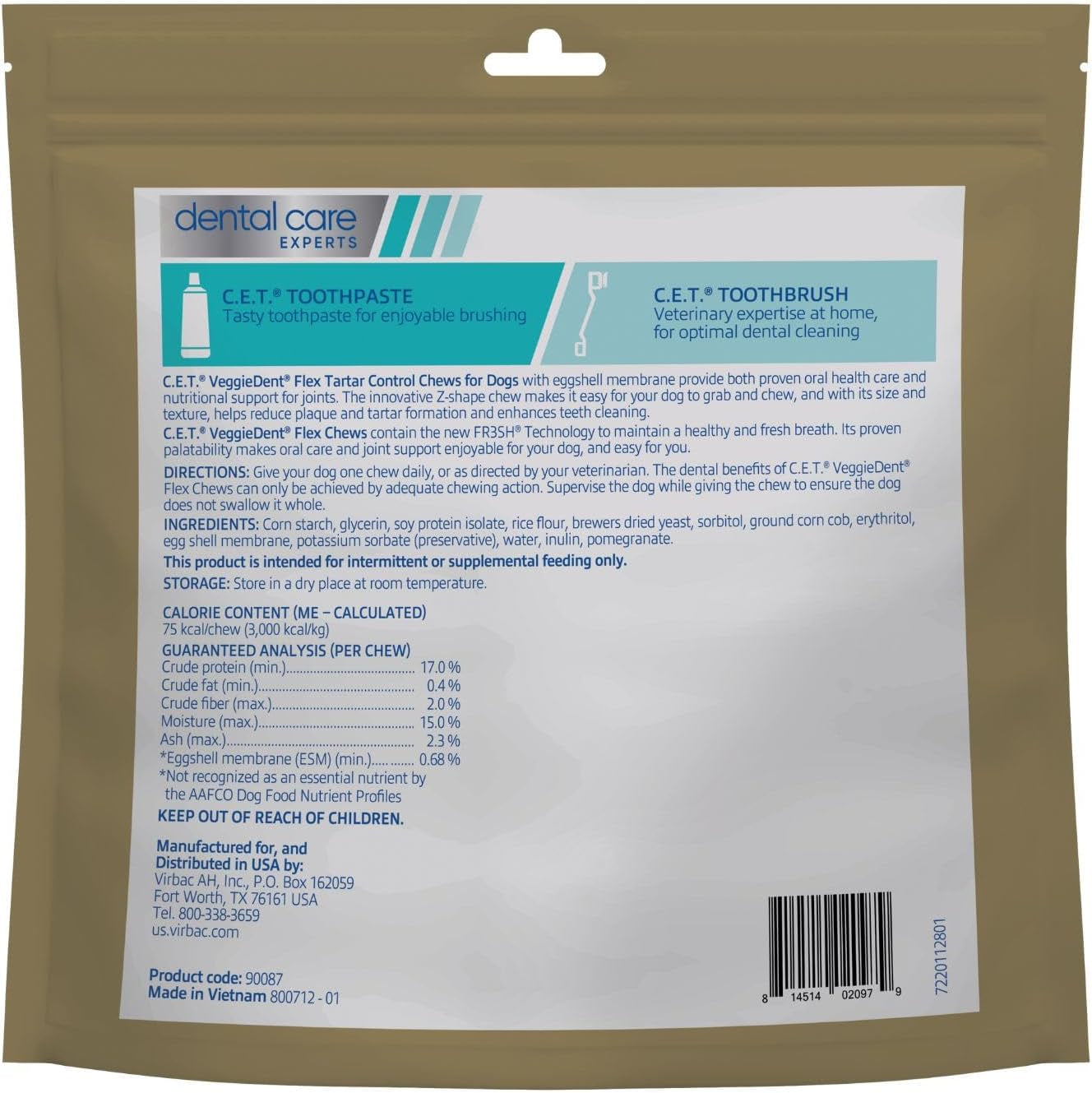Virbac C.E.T.® VEGGIEDENT® Flex Tartar Control Chews for Dogs - Multifunctional to Support Joint Health, VOHC Approved - Medium 22-66Lbs