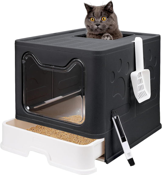 Foldable Cat Litter Box with Lid, Enclosed Potty, Large Top Entry Anti-Splashing Toilet, Easy to Clean Including Litter Scoop and 2-In-1 Cleaning Brush (Black)