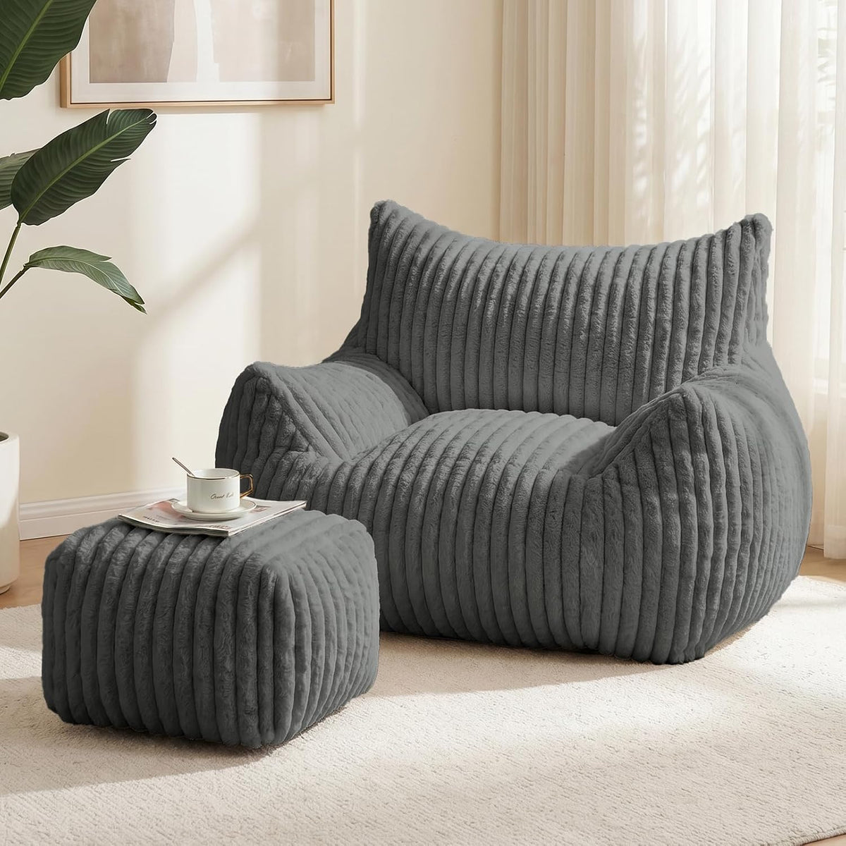 WSOFRLAC Giant Plush Bean Bag Chair with Ottoman for Adults & Kids, Grey