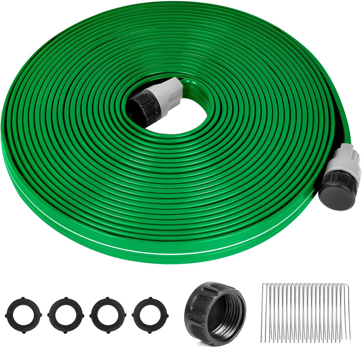 Sprinkler Hose with Holes, 75FT Heavy Duty Flat Soaker Hose, Watering Garden Drip Irrigation Hose – No-Kink High-Efficiency Sprinklers System for Yard, Lawn and Garden with 20 Staples