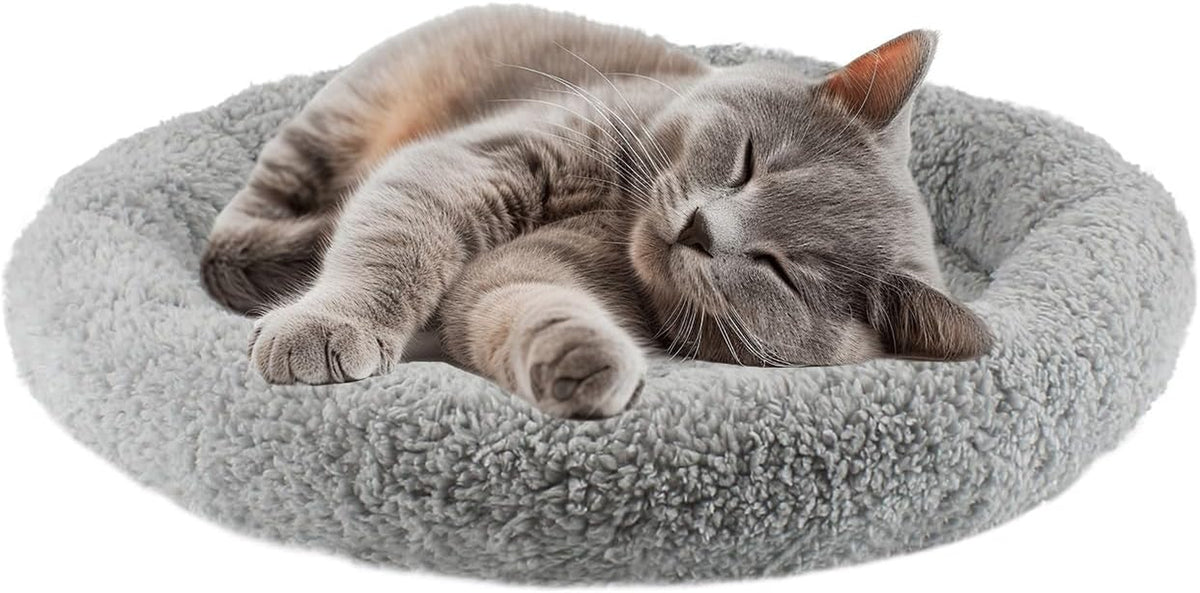 LESYPET Cat Bed for Indoor Cats, Small Pet Bed Curl Sleep Cushion with Raised Pillow Around, Non-Slip Bottom Washable Pet Beds Mat for Small Pets Rabbit Hamsters, round Diameter 15.7"
