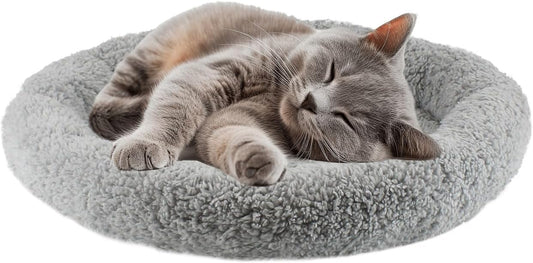 LESYPET Cat Bed for Indoor Cats, Small Pet Bed Curl Sleep Cushion with Raised Pillow Around, Non-Slip Bottom Washable Pet Beds Mat for Small Pets Rabbit Hamsters, round Diameter 15.7"