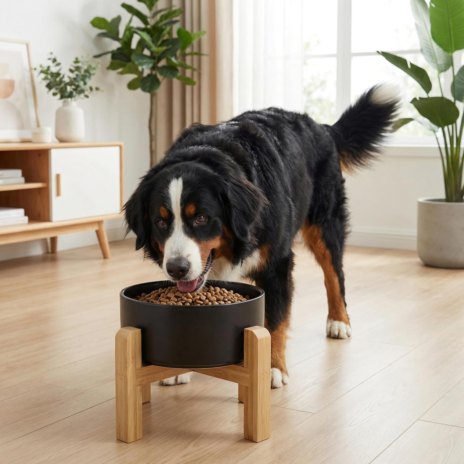 Hjn Elevated Ceramic Dog Bowl with Bamboo Stand, Raised Pet Feeding Station for Small Medium Dogs Cats, Modern Design with Anti-Slip Base (Black, 7.6Cup)